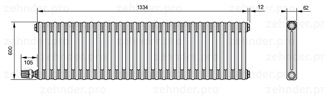 Схема (чертеж) Радиатор Zehnder Charleston 2060/29 №V004 Белый глянцевый RAL 9016